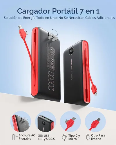 Vista 3 de VEEKTOMX Cargador portátil con cables integrados de 20000 mAh, banco de energía para iPhone con enchufe de pared de CA, batería delgada USB C