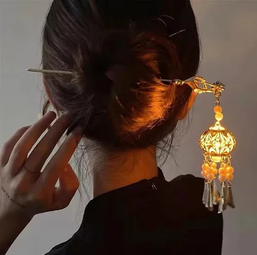 Vista 7 de Gancho de pelo con luz de linterna Bincout Meerore, accesorio de pelo con borla enrollada, estilo antiguo, para mujer #04