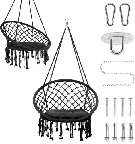 Vista 8 de Silla columpio de macramé con cojín y accesorios extraíbles, hamaca resistente tejida a mano con cuerda de algodón, soporta 330 libras para patio
