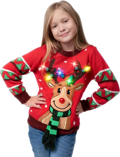 Vista 5 de JOYIN Kid's Christmas Ugly Sweater LED Light Up Reindeer Xmas Sweater Built-in Light Bulbs for Boys Girls