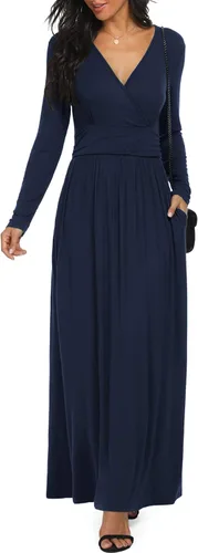 Vista 17 de LILBETTER - Vestido largo de manga larga, cuello en V profundo, holgado, liso y casual para mujer Verde militar