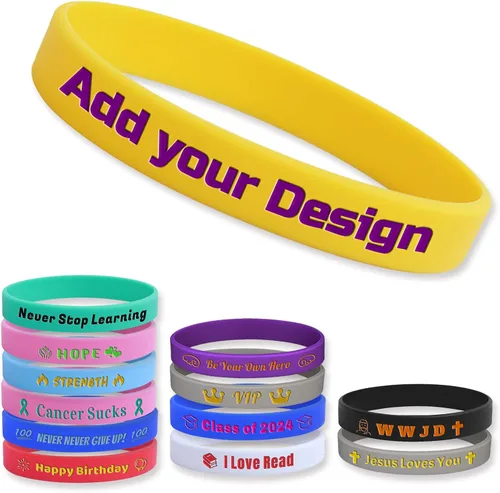 Vista 7 de 10/30/50/100 pulseras de silicona personalizadas para eventos, fiestas, conciencia, pulseras multicolor personalizadas a granel Texto en relieve