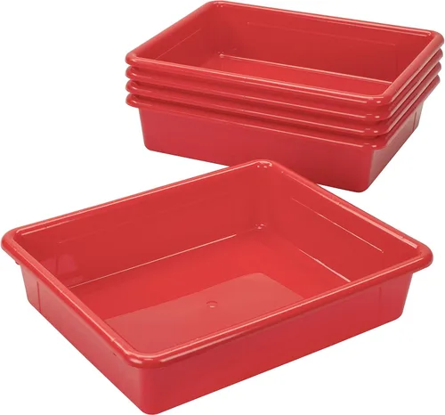 Vista 5 de Storex Bandeja de almacenamiento plana tamaño carta, contenedor organizador con tapa sin broches para aula, oficina y hogar, rojo, paquete de 5