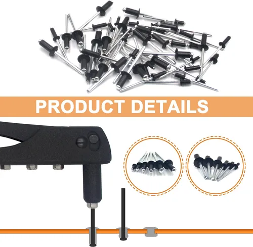 Vista 4 de ISPINNER Kit surtido de 225 remaches ciegos de aluminio negro con herramienta de remache manual resistente, 6 tamaños de remaches con divisor