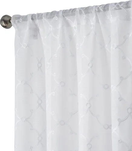 Vista 15 de Creative Home Ideas Cortinas transparentes (2 paneles, 38 x 63 pulgadas, azul), paneles de cortina geométricos bordados con alzapaños, cortinas