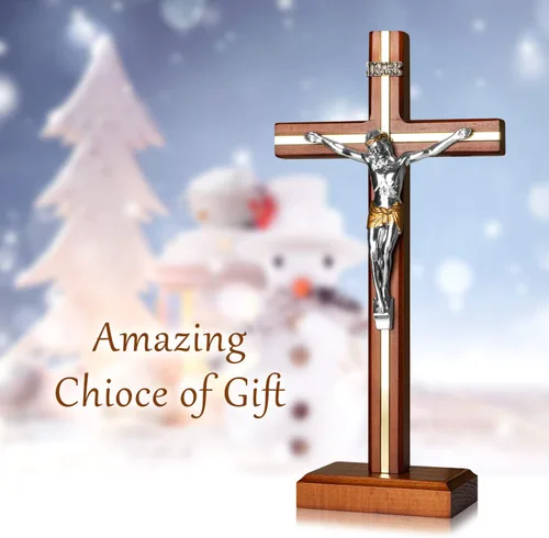 Vista 7 de KUXBET Crucifijo de Pie Cruz con Soporte Desmontable de 10.6 Pulgadas Cruz de Madera Católica de Jesucristo para Colgar en la Pared para Decoración