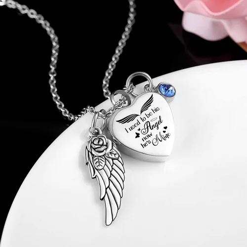 Vista 5 de weikui Collar de urna de corazón para cenizas con ala de ángel, 12 piedras de nacimiento, colgante conmemorativo de cremación, joyería de recuerdo