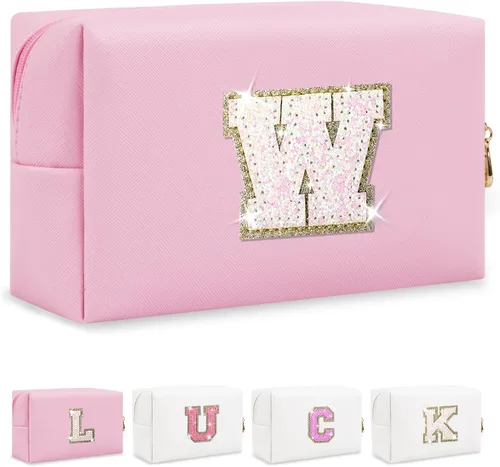 Vista 15 de Bolsa de maquillaje con parche de letra inicial personalizada, bolsa de cosméticos de chenilla preppy con letra de chenilla con cremallera, Y