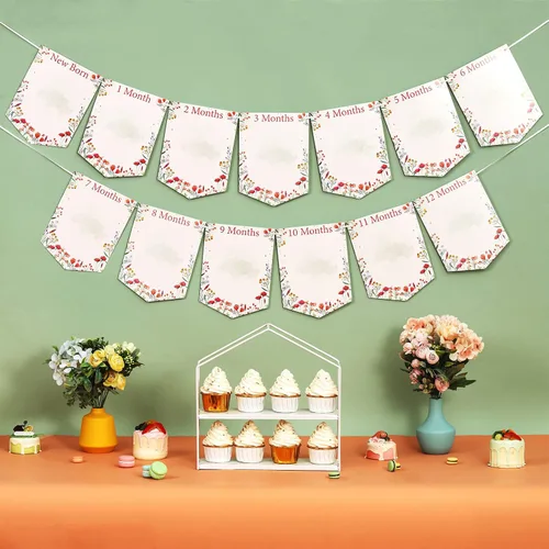 Vista 3 de Cartel de fotos de primer cumpleaños con tema de flores silvestres de recién nacido a 12 meses para niñas, registro de crecimiento mensual de hitos