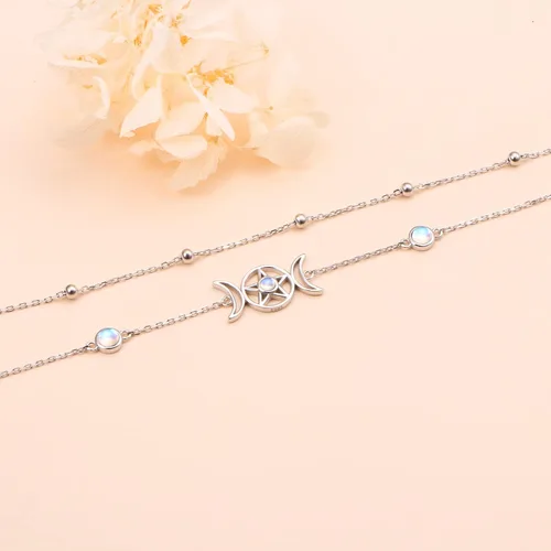 Vista 6 de Pulsera de plata esterlina S925 elegante cadena de pie con dije bohemio de playa de doble capa para mujeres, adolescentes y niñas, ajustable de 9 a