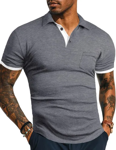 Vista 10 de KUYIGO Camisas de manga larga y corta estilo polo para hombre, estilo informal, ajustadas, diseño sólido, suave, con botones, de algodón, con A1