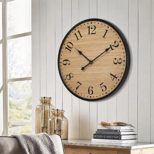 Vista 4 de Reloj de pared rústico para decoración de sala de estar, reloj de pared grande de 24 pulgadas con cara de madera marrón oscuro y marco de metal