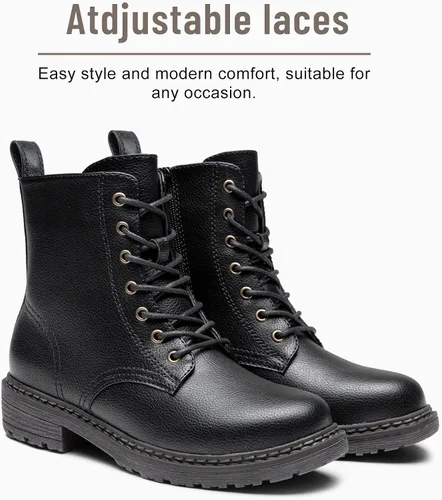 Vista 8 de Vepose - Botas de combate para mujer con puntera corta, cordones clásicos, tacón bajo, cremallera 9623