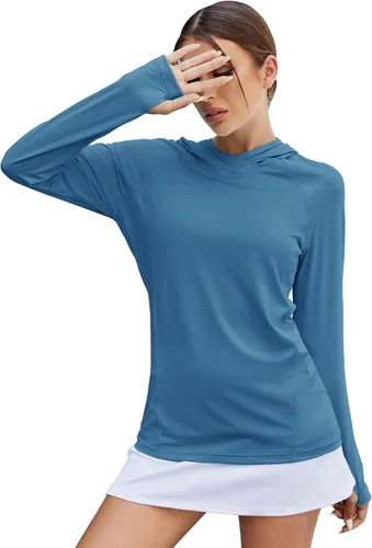 Vista 8 de LUYAA - Sudaderas con capucha para mujer, protección solar UPF 50+, transpirables, elásticas, para senderismo, manga larga, para correr Beige