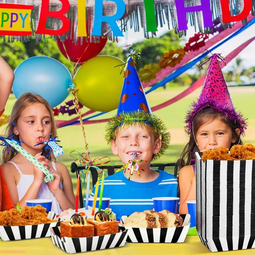 Vista 5 de Yaomiao 100 bandejas de papel a rayas, botes de papel para comida, nachos y perritos calientes, platos desechables para carnaval, ferias, Negro
