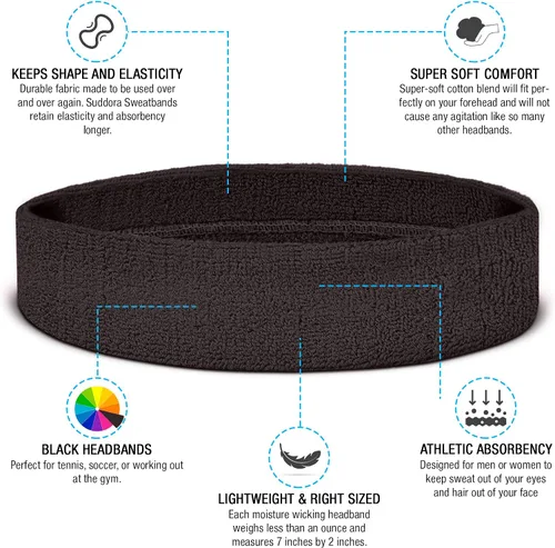 Vista 2 de Suddora Diadema de entrenamiento para hombres y mujeres, banda deportiva que absorbe la humedad, bandas de tela de rizo de algodón ligero