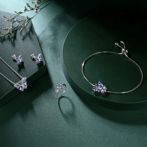 Vista 3 de 925 Sterling Silver Birthstone Butterfly Jewelry Women Crystal Animal Cute Butterflies Birthday NecklaceEarringRingBracelet Sets Birth Stone