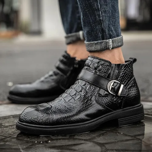 Vista 7 de Botas de cuero genuino con estampado para hombre, para otoño e invierno, de alta altura, con correa estilo Bukle
