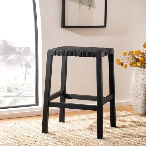 Vista 7 de SAFAVIEH Home Capri Taburete de madera y cuero negro de 27 pulgadas