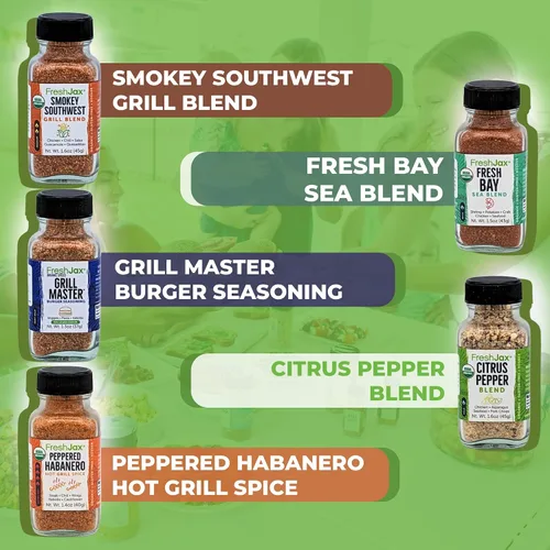 Vista 6 de FreshJax Gourmet especias y sazonadores, caja de regalo (juego de 5) Gourmet five-pack BBQ rub spices for steak, chicken, and seafood, making it
