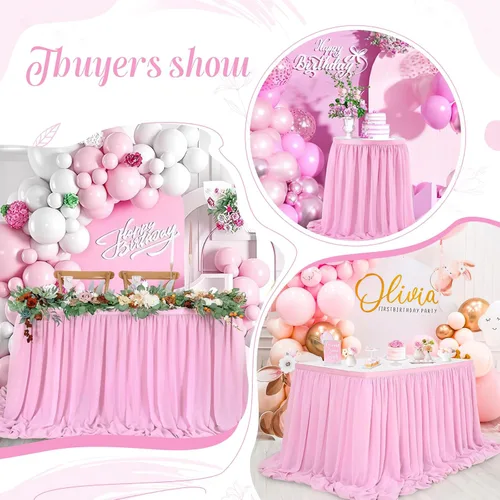Vista 6 de QueenDream Falda de mesa de gasa rosa de 6 pies, mantel rosa para mesas rectangulares, cumpleaños, princesa, niña, baby shower, fiesta