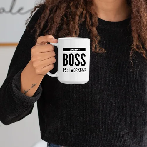 Vista 3 de Taza de café con texto en inglés "I Love My Boss PS I Work For Mysel", regalos para jefes, divertida, sarcástica, empresario, compañero de trabajo