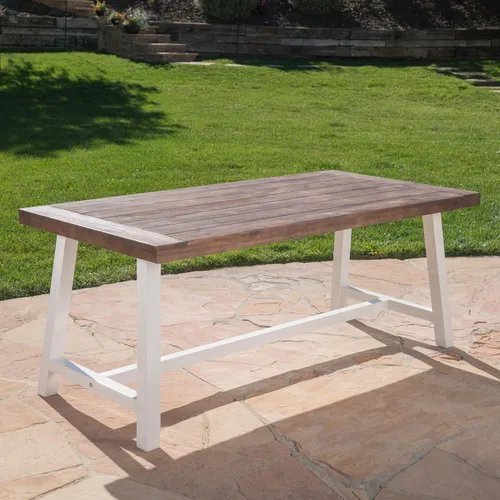 Vista 4 de Mesa de comedor de madera de chorro de arena marrón oscuro al aire libre con metal rústico blanco e