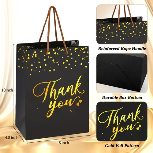 Vista 2 de COGLARING Thank You, 20 bolsas de regalo medianas de 10 x 8 x 4.8 pulgadas, bolsas de regalo de papel negro y dorado con asas para bodas, despedidas