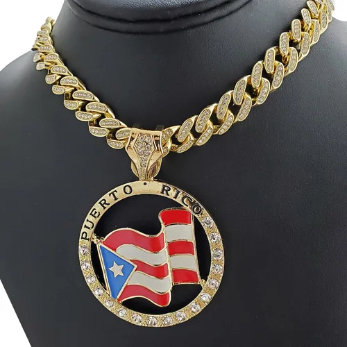 Vista 3 de Colgante de medalla de la bandera de Puerto Rico chapado en oro y 0512in 16 18 20 24 cadena cubana helada Bling Hip Hop collar