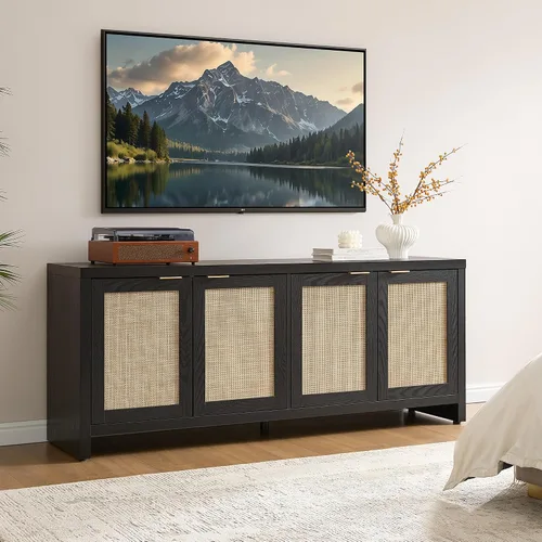 Vista 7 de SICOTAS Soporte de TV para sala de estar, centro de entretenimiento boho para dormitorio con 4 gabinetes de ratán, soporte de televisión de granja