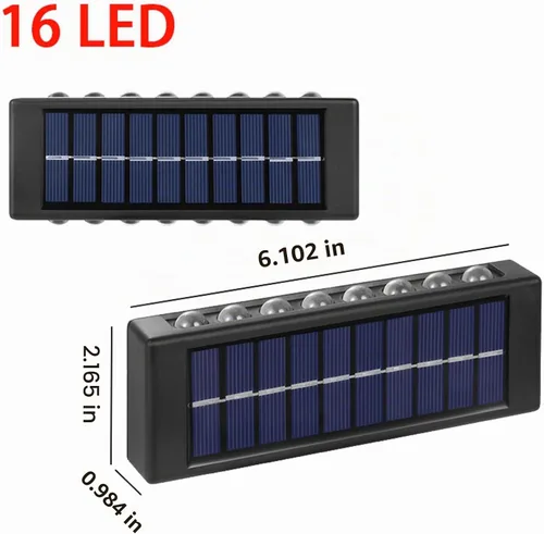 Vista 7 de ASLIDECOR 16 luces LED solares de pared, paquete de 2 luces solares blancas cálidas impermeables para cerca, iluminación solar negra para cubierta