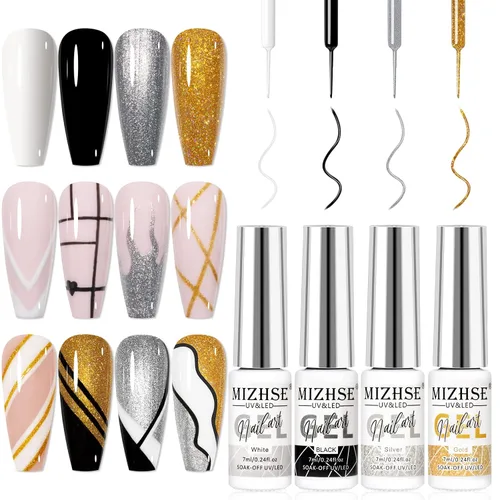 Vista 10 de MIZHSE Gel Liner Nail Art Polish Pintura en gel en blanco y negro para uñas, diseño de líneas de remolino, pintura de puntos, kit de manicura