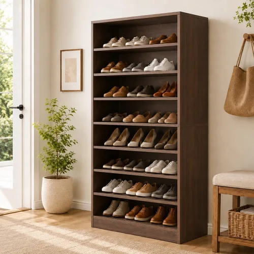Vista 8 de Homieasy Armario de zapatos, organizador de zapatos de madera moderno de 5 niveles con 3 estantes ajustables para entrada, estante de exhibición