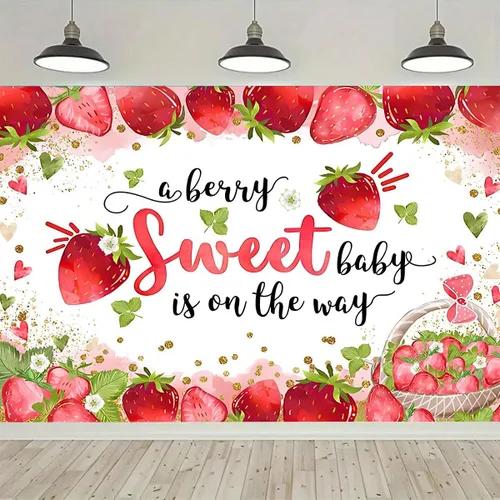 Vista 2 de Fondo de pantalla rosa de fresa para baby shower, fruta fresca y puntos dorados, papel tapiz fotográfico para niña, baby shower, decoración