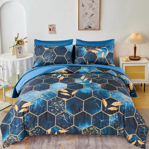 Vista 13 de ZRNBAST - Juego de edredón de nido de abeja negro de tamaño completo de 7 piezas, ropa de cama hexagonal suave y ligera, de mármol para todas