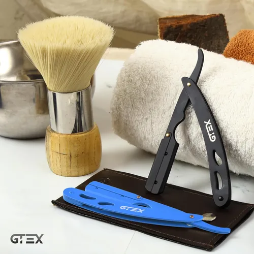 Vista 8 de 2 maquinillas de afeitar rectas para hombres (azul negro), 100 cuchillas GTEX de primera calidad (acero japonés) – Paquete de 2 maquinillas