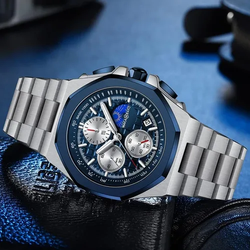 Vista 5 de Reloj de cuarzo para hombre de negocios de acero inoxidable impermeable multifuncional cronometraje