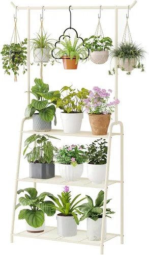 Vista 7 de Soporte de metal para plantas para interiores y exteriores, estante esquinero de 3 niveles de alto, escalera de flores colgante para sala de estar