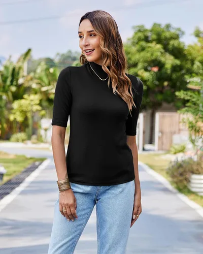 Vista 5 de LaLaLa Camiseta de media manga para mujer, cuello alto, elegante, casual, para primavera, ajustada, básica