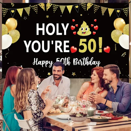 Vista 4 de Divertida pancarta de cumpleaños 50 para hombres y mujeres, pancarta de feliz cumpleaños de 50 años color negro y dorado para fiestas, fondo