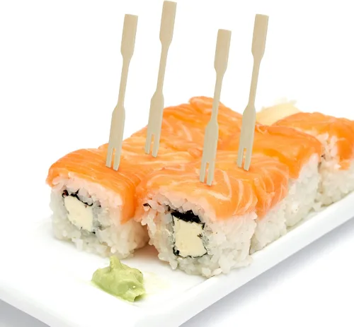 Vista 7 de Mini tenedores de bambú de 3.5 pulgadas, tenedores pequeños para postre, tenedores de cóctel, palillos de dientes de doble punta para aperitivo