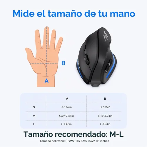 Vista 7 de ECHTPower Ratón inalámbrico ergonómico, mouse vertical Bluetooth con luz LED, controla hasta 3 dispositivos (BT5.0+BT5.0+2.4GHz), DPI ajustable