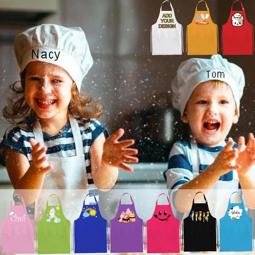 Vista 5 de Delantal personalizado para niños y sombrero de chef, delantal personalizado para niños con nombre, delantal de pintura personalizado, para cocinar