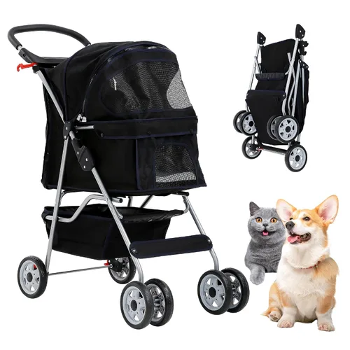 Vista 13 de Cochecito para perros con cesta de almacenamiento, cochecito para mascotas de 3 ruedas, transpirable, compacto, portátil, plegable, para viajes