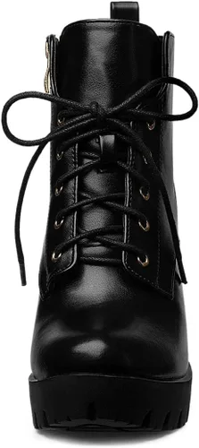 Vista 2 de Allegra K Botas de plataforma con cordones y tacón grueso con punta redonda para mujer