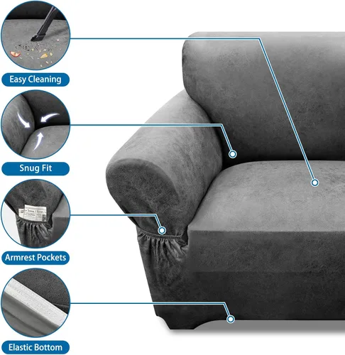 Vista 103 de Fundas para Sillón de 2 Piezas con Cojín en T, Fundas de Aspecto de Cuero para Sofá, Fundas para Sillas, Protector de Muebles Elástico, Funda