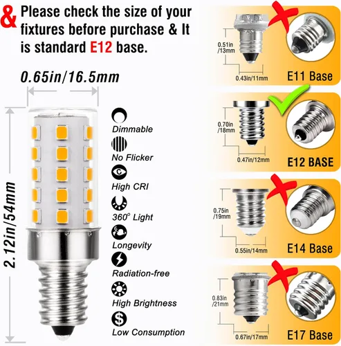 Vista 5 de Bombilla LED E12 regulable de 5 W C7, reemplaza equivalente a halógeno E12 de 40 W, blanco cálido 2700 K, base T6 de 110 V, 120 V, E12, bombillas