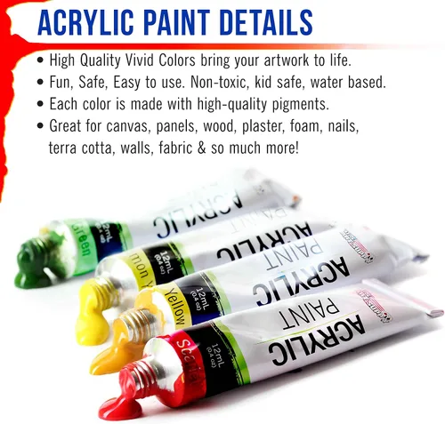 Vista 6 de U.S. Art Supply Juego de pintura acrílica profesional de 12 colores en tubos de 0.4 fl oz, pigmentos ricos en colores vivos para artistas