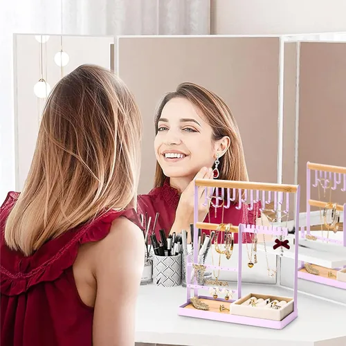 Vista 8 de Soporte organizador de joyas con soporte de terciopelo para anillos, organizador de joyas de 4 niveles con 15 ganchos, organizador de collares