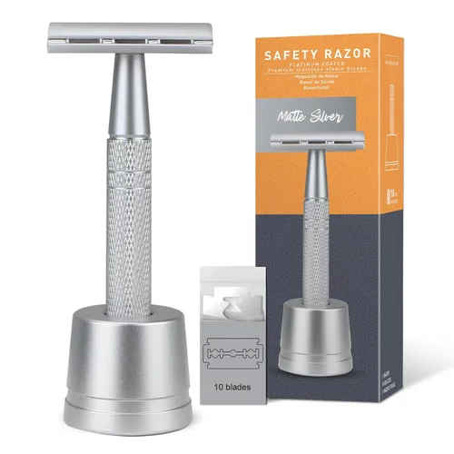 Vista 16 de Maquinilla de afeitar de seguridad azul, navajas de una sola hoja para hombres Reusable Metal Razor, with 10 Platinum Coated Double Edge Blades